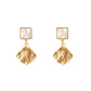 C&L Jewellery- gold drop earrings with two square geometrics. Drop features textured creases reflecting light with movements,  earrings, quality jewellery. 