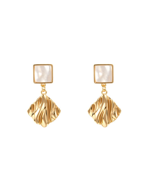 C&L Jewellery- gold drop earrings with two square geometrics. Drop features textured creases reflecting light with movements,  earrings, quality jewellery. 