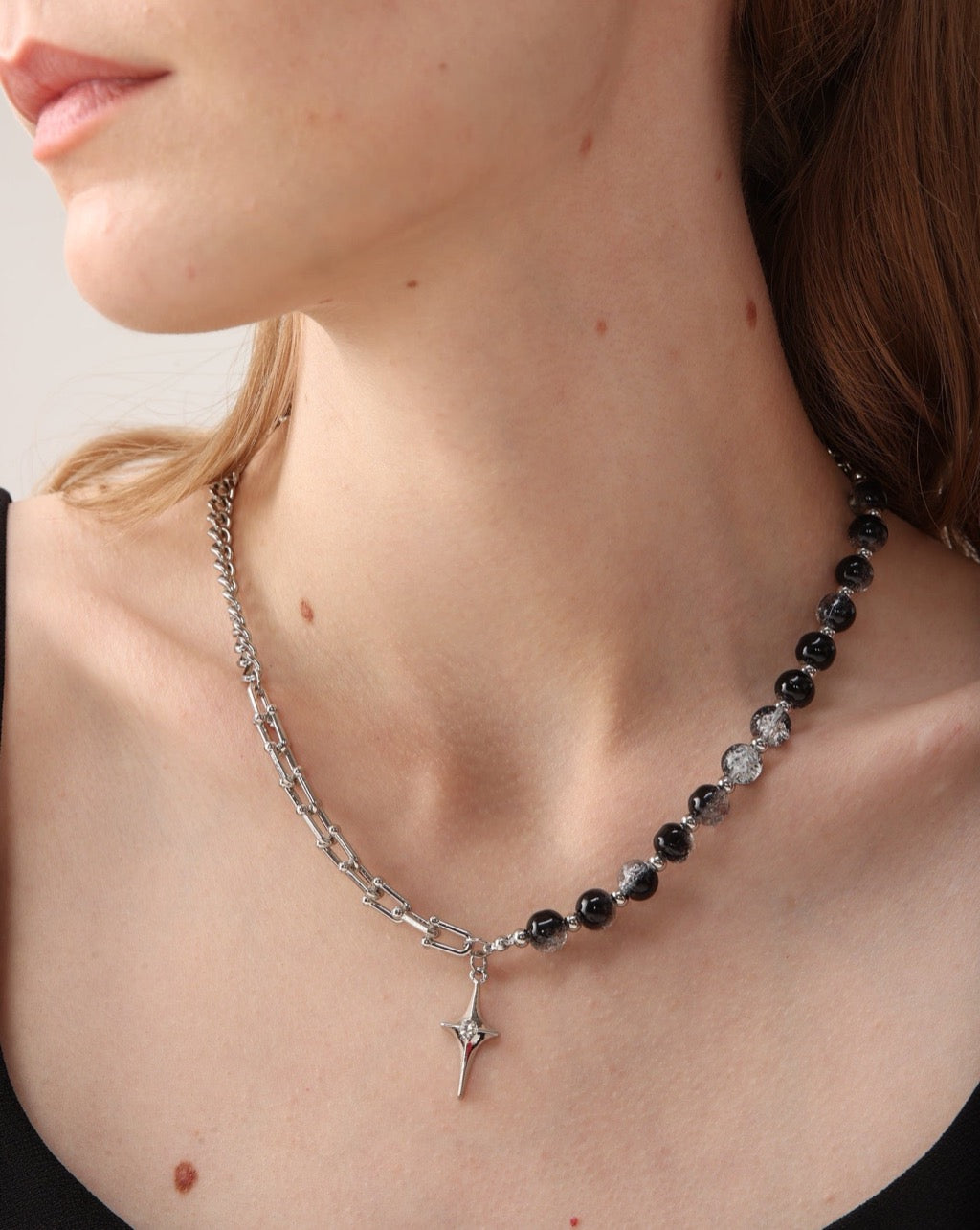 Cracked Ice Pattern Glass Bead Chain Necklace Unisex